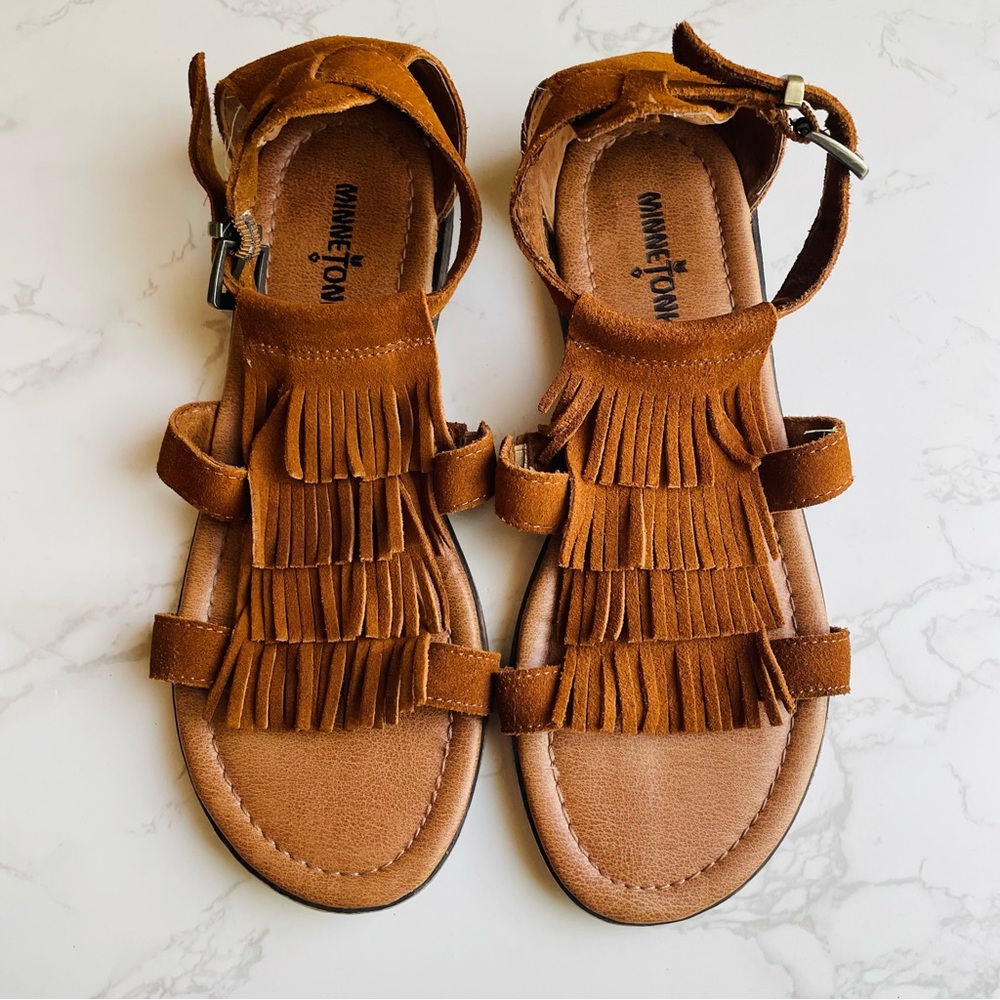 Minnetonka Brown Baz Suede Fringe Boho Festival Strap Ankle Sandals | Size 7 - Picture 1 of 7
